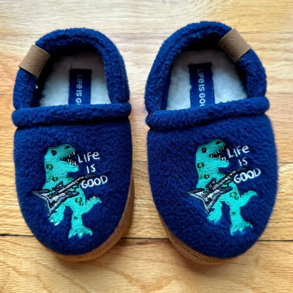 Life Is Good Dinosaur Slippers Navy Blue Guitar T-Rex - Toddler Size 7/8M Fleece